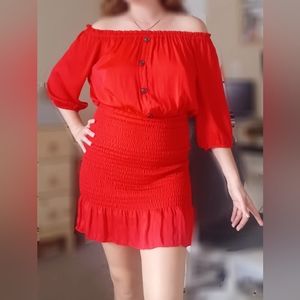 Bright red dress with shirred skirt and off the shoulder blouse top